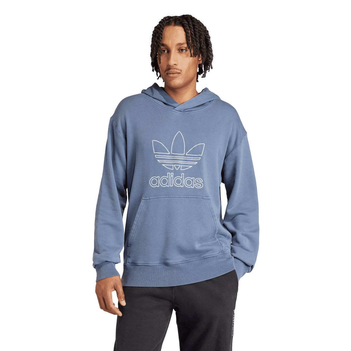 Blue pullover hoodie with adidas trefoil outline logo and kangaroo pocket