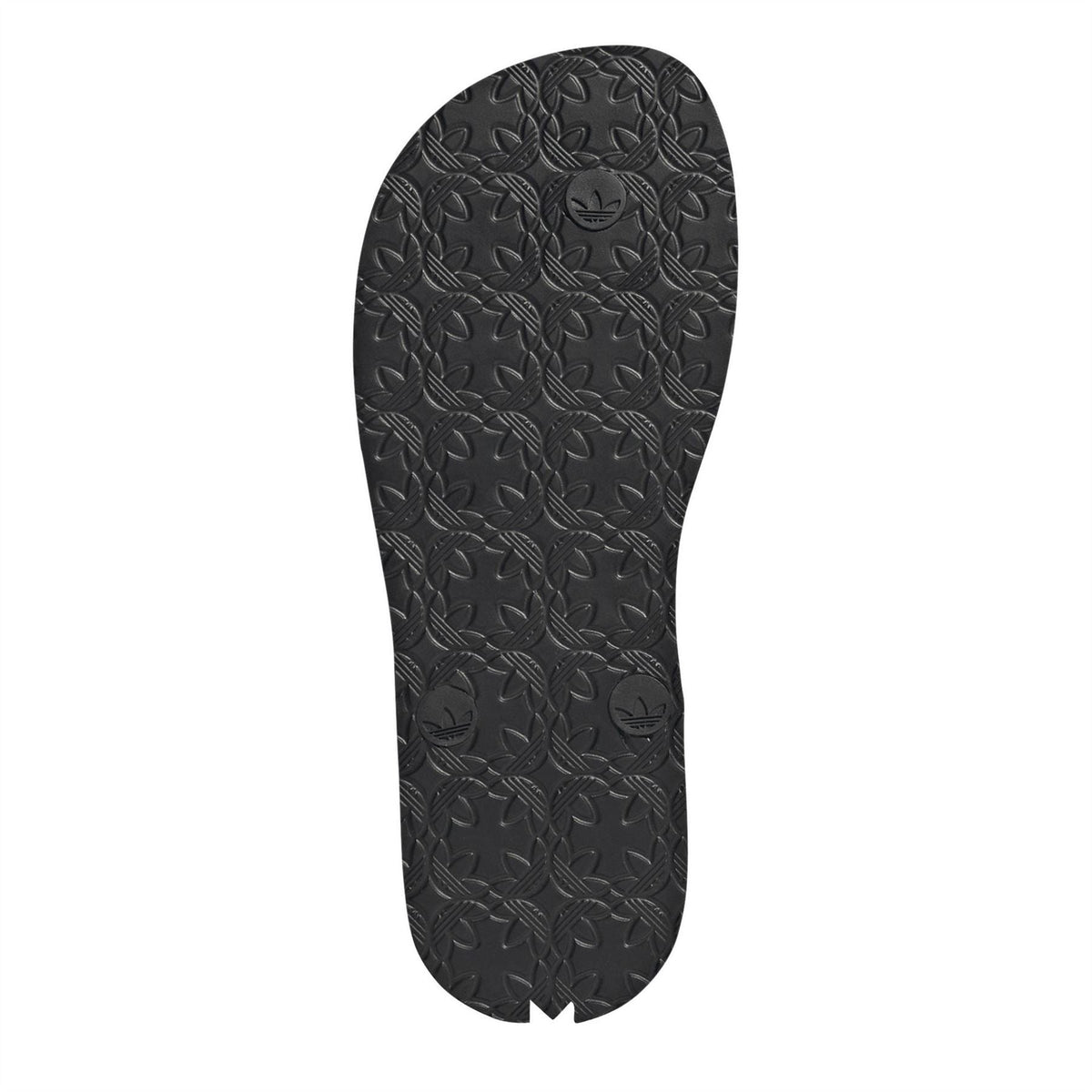 Black rubber flip-flop outsole with embossed leaf-pattern tread