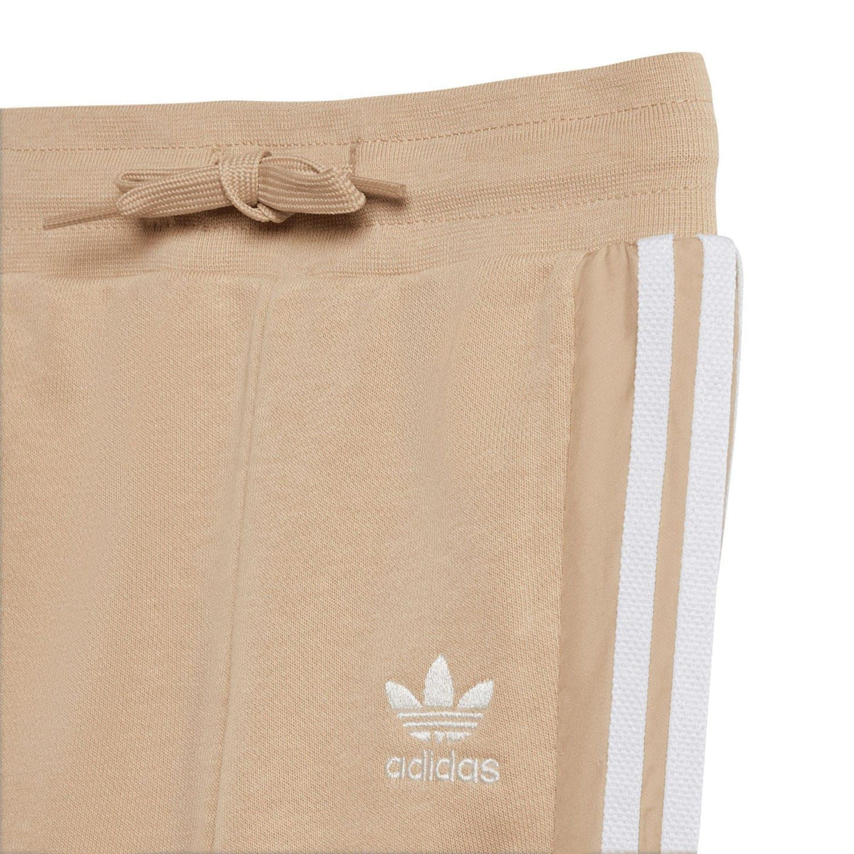 Beige infants adidas Originals jogger pants with drawstring waist and side stripes