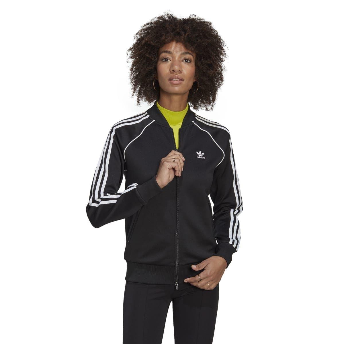 Black track top with full-zip front, white stripe sleeves, and adidas logo badge
