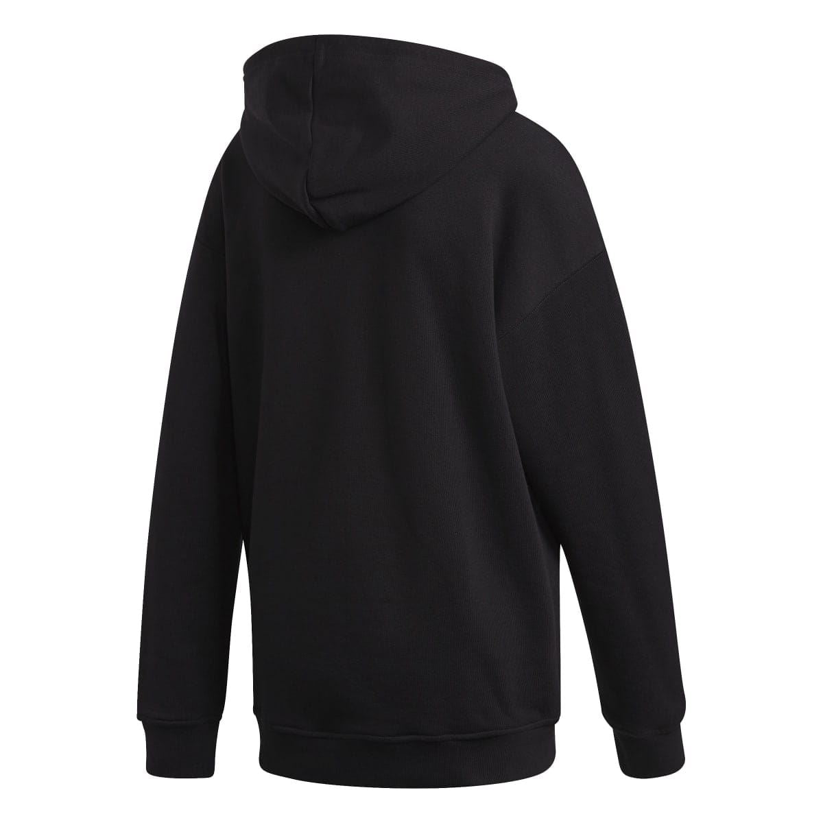Black trefoil graphic hoody, back view with hood and long sleeves
