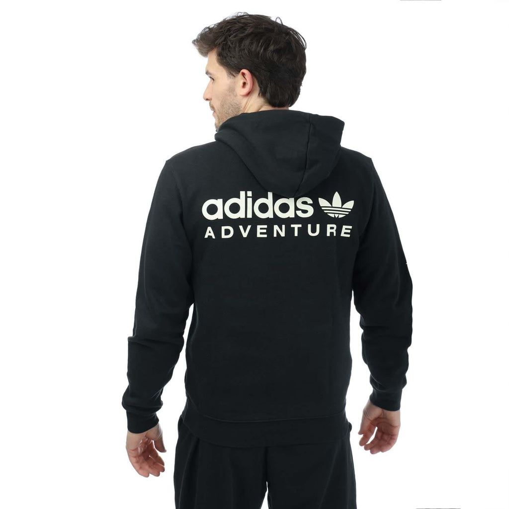 Men's black adidas Originals Adventure pullover hoodie, back logo, full-coverage hood