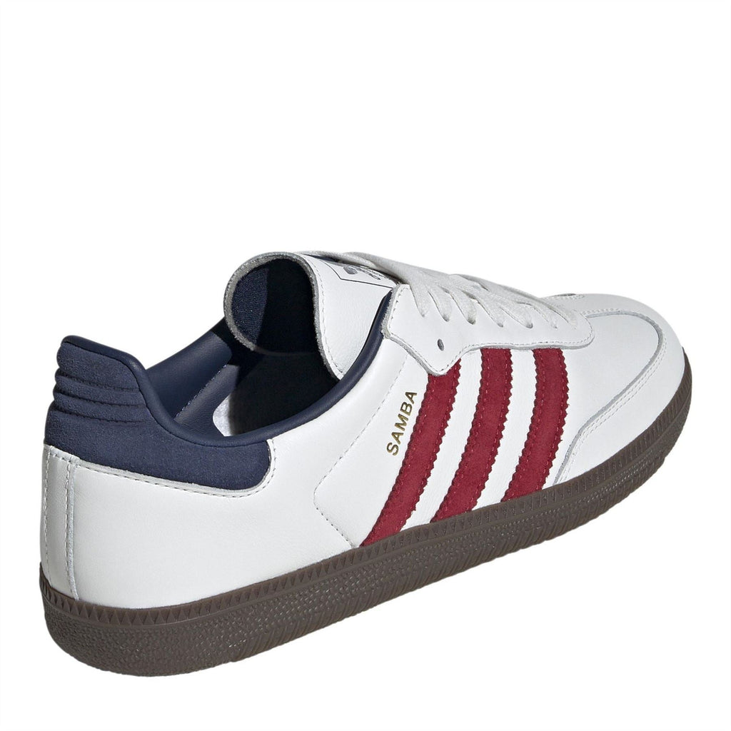 adidas Samba OG sneaker heel view, white leather with red stripes and navy lining