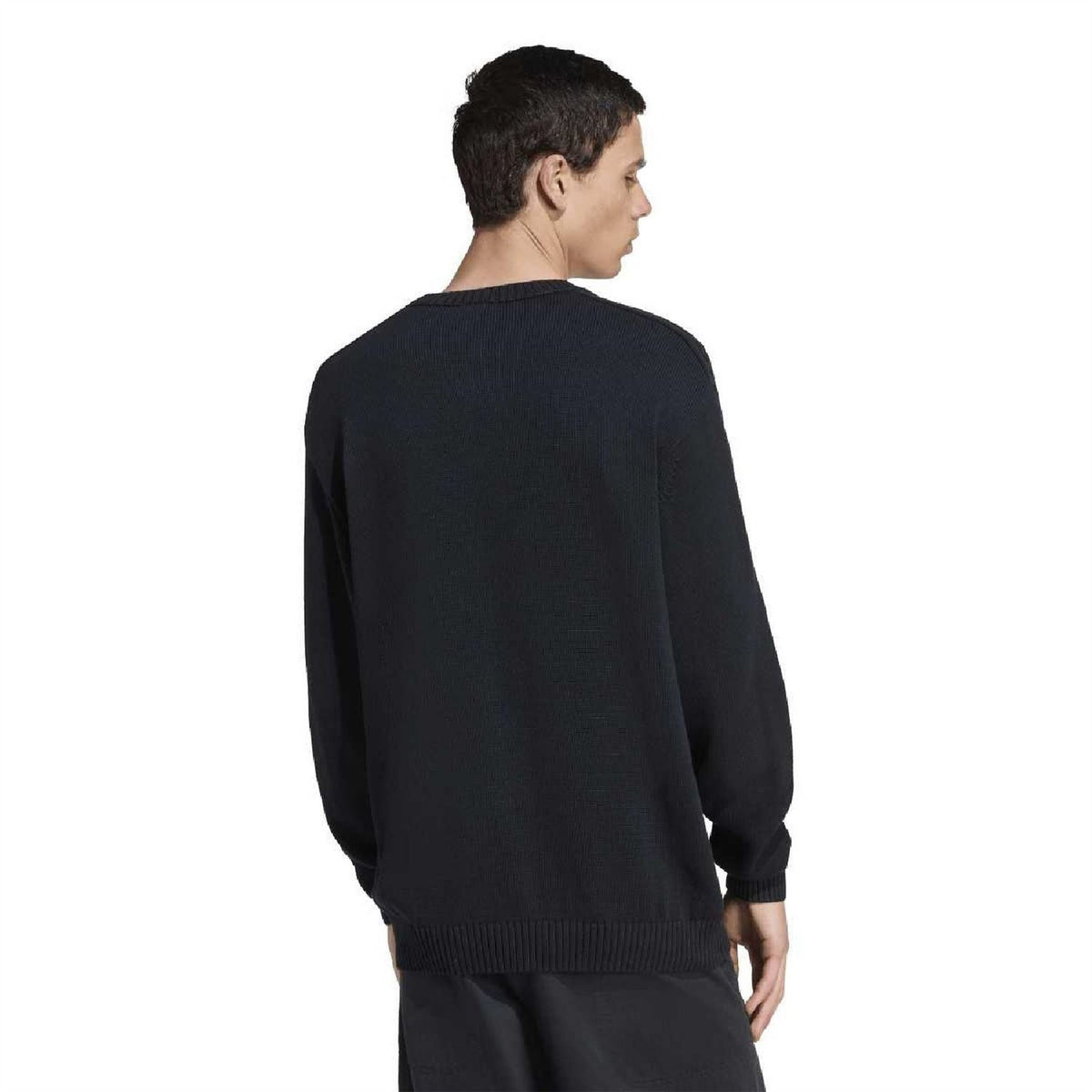 Black crew neck sweater with raglan back view and ribbed hem and cuffs