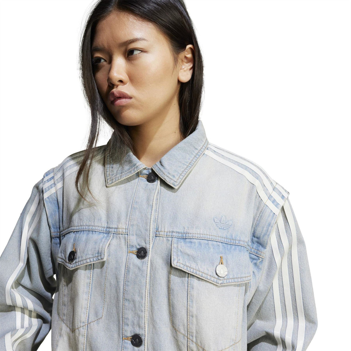 adidas Originals light denim collared jacket with striped sleeves and chest pockets