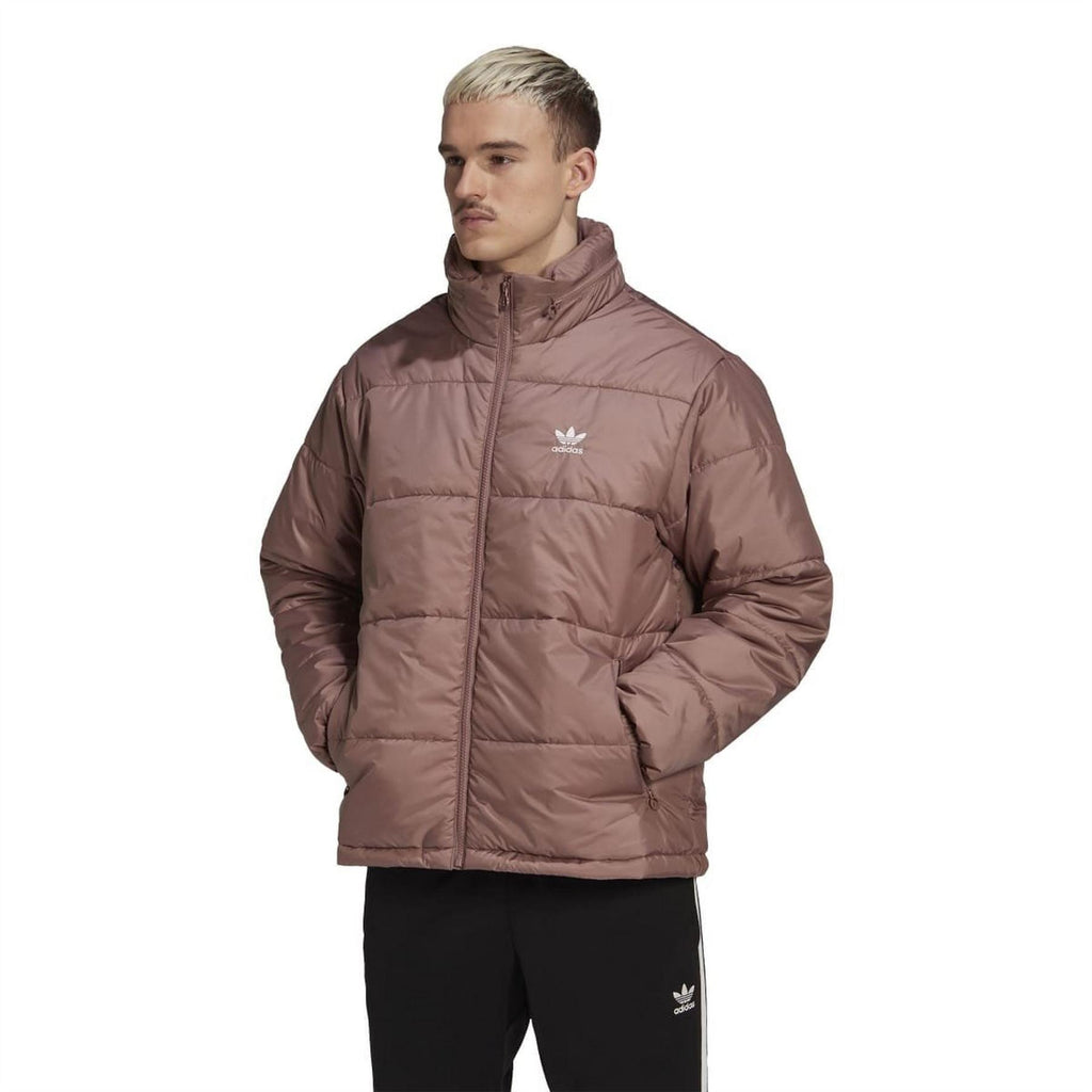 Burgundy padded puffer jacket with hood, full-zip front and quilted baffles