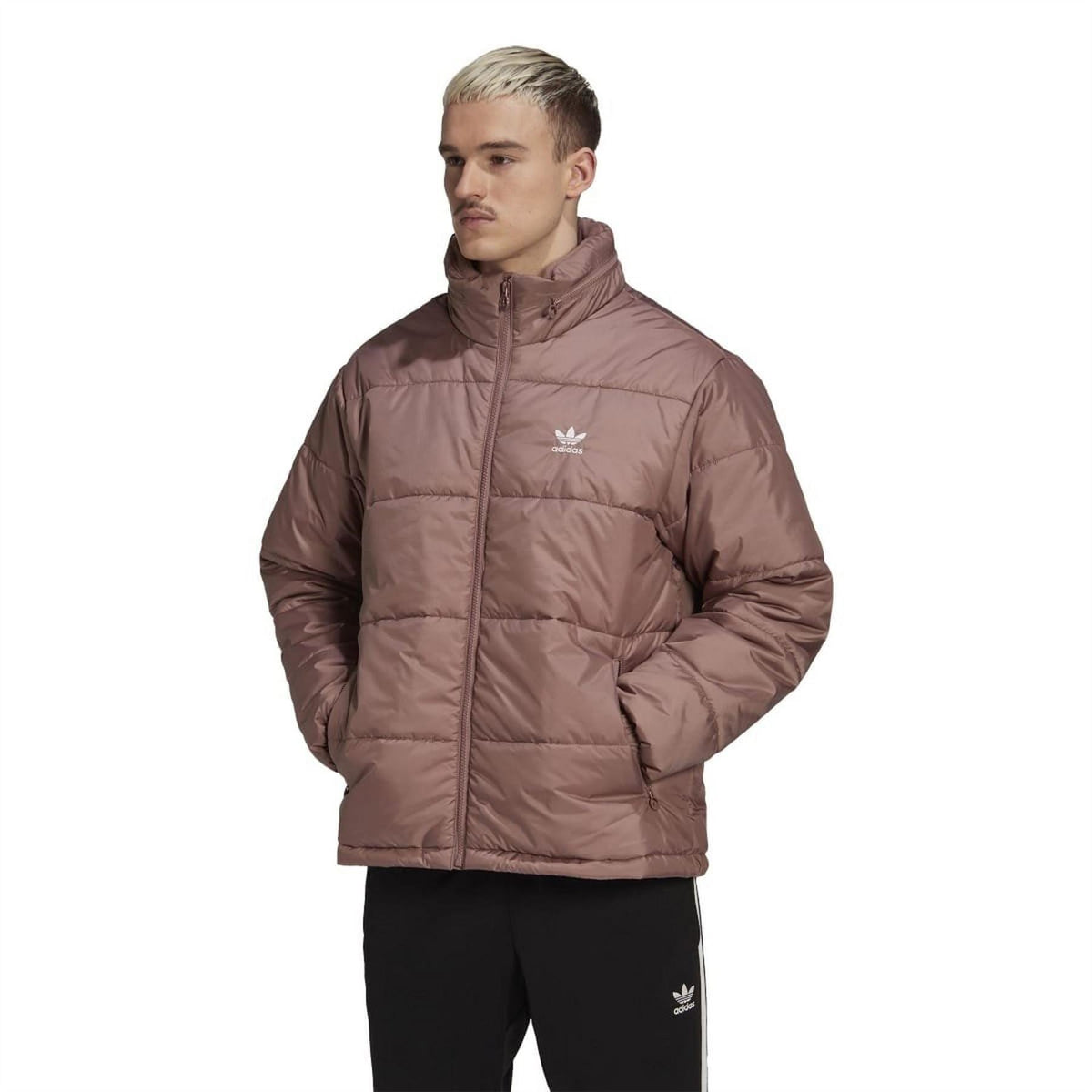 Burgundy padded puffer jacket with hood, full-zip front and quilted baffles