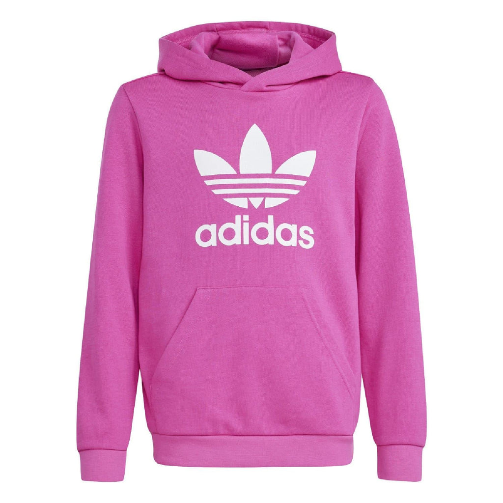 Pink junior trefoil hoodie with adidas trefoil graphic on chest, pullover hood