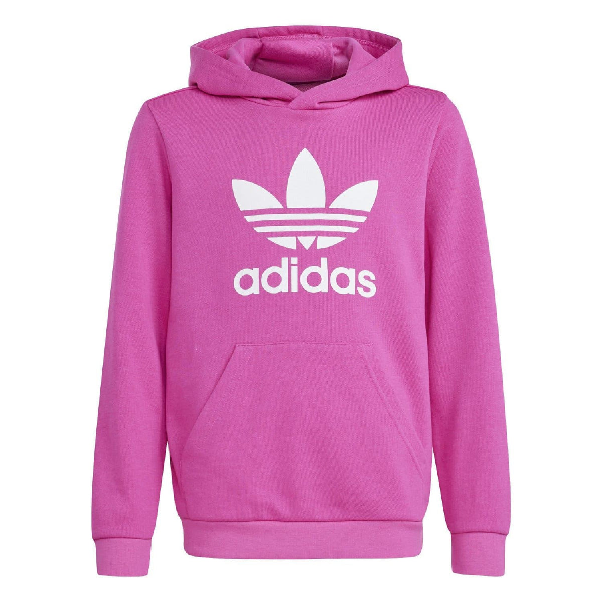 Pink junior trefoil hoodie with adidas trefoil graphic on chest, pullover hood
