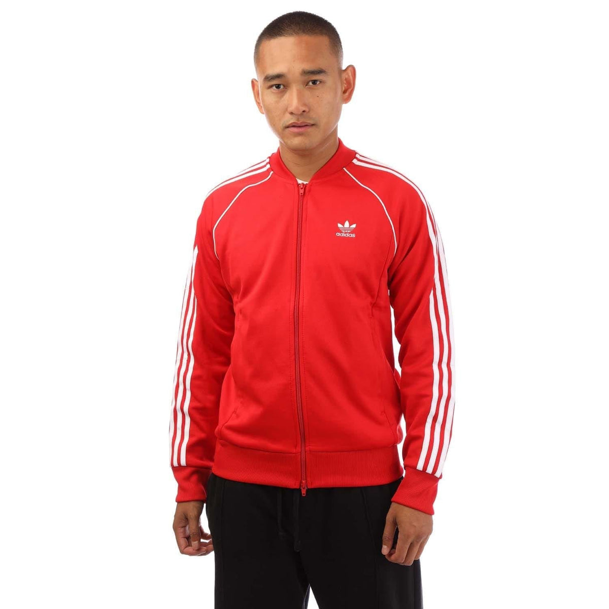 Red Adidas Originals track jacket with full zip, stand collar, white sleeve stripes
