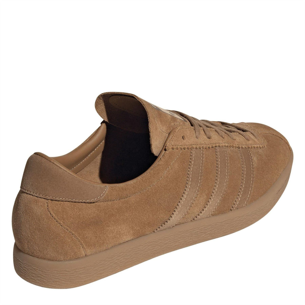 Adidas Originals brown trainers, padded collar and suede heel with three stripe panels