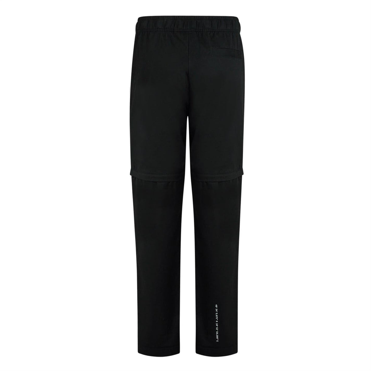 Black cargo pants with elastic waistband, straight leg and small side logo label
