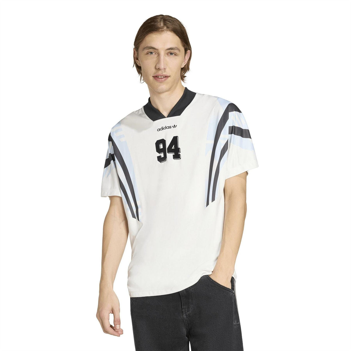 Mens white printed shirt with black collar, Adidas logo, 94 graphic, striped side panels