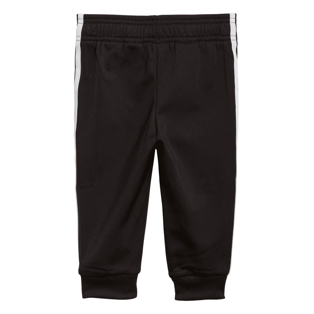 Infant black track pants with elastic waistband and cuffs, white side stripe