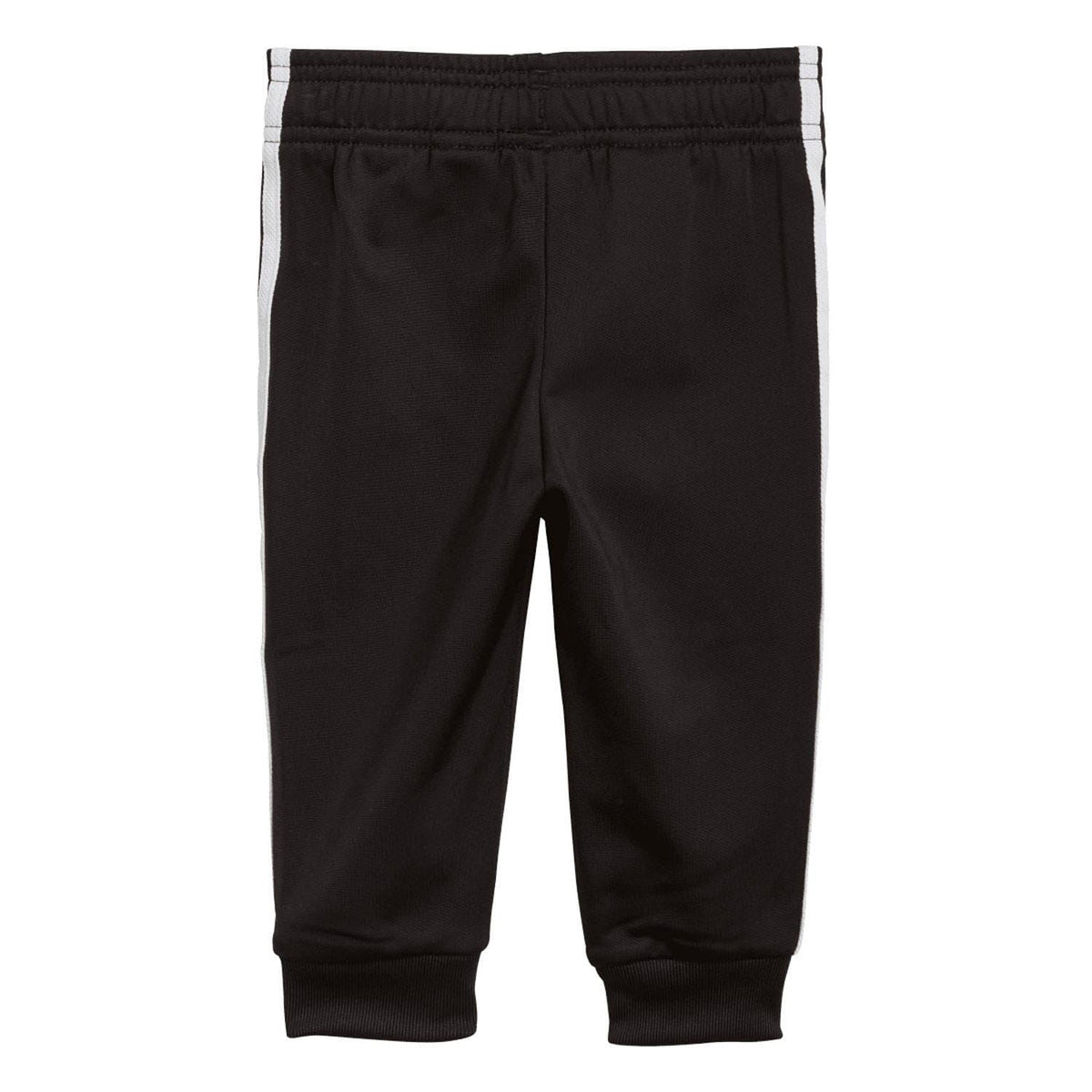 Infant black track pants with elastic waistband and cuffs, white side stripe