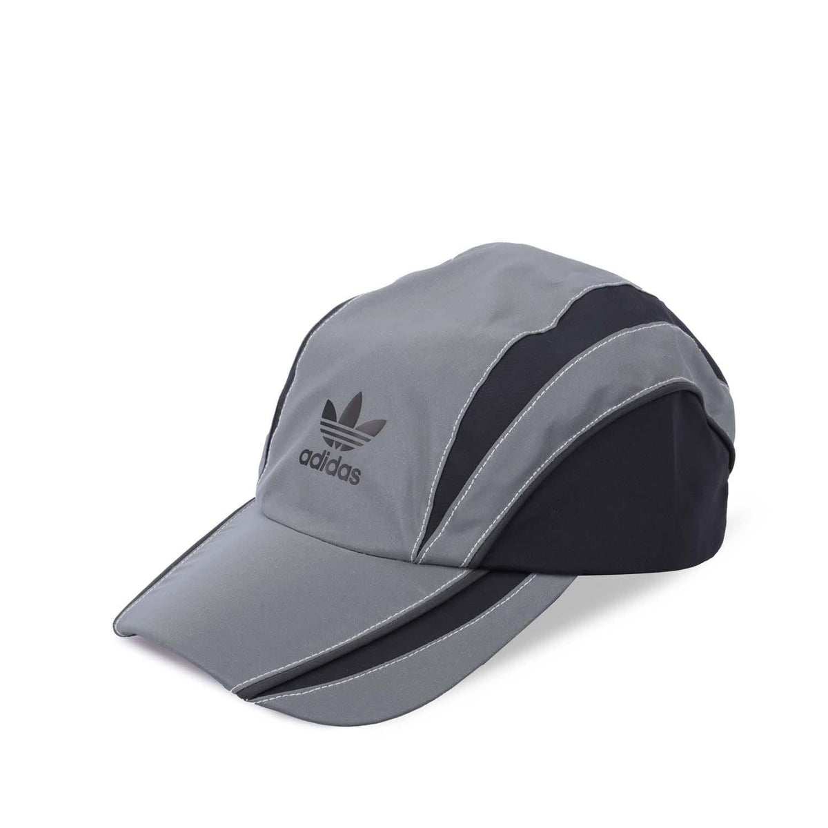 Silver gray baseball cap with black underbill, curved brim, adidas logo
