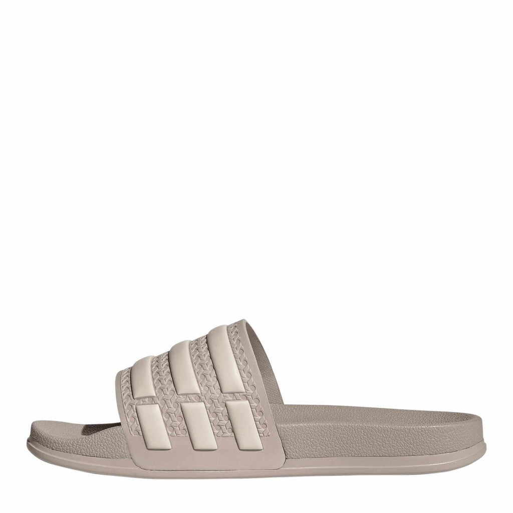 adidas taupe slide sandals with three wide straps and textured sole
