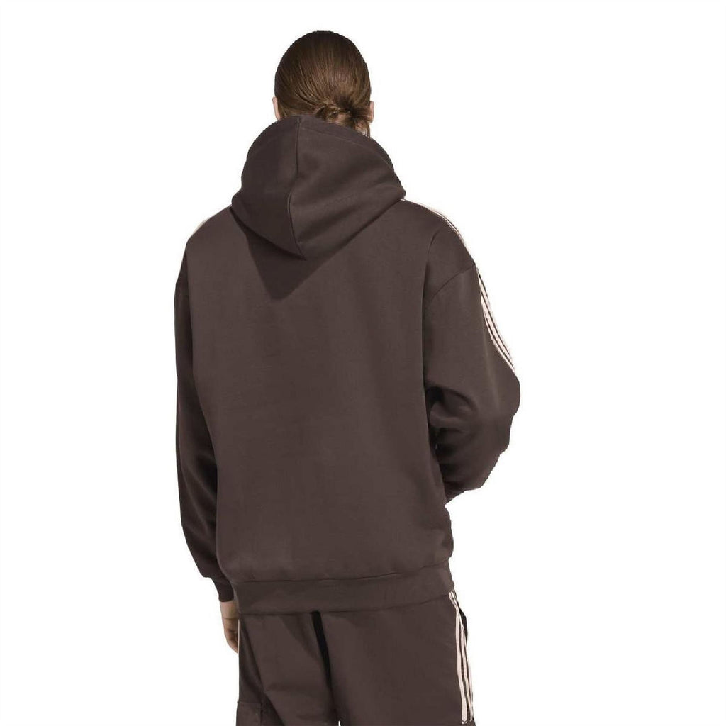 Dark brown hoodie back view with adjustable hood and white 3-stripe sleeve detailing