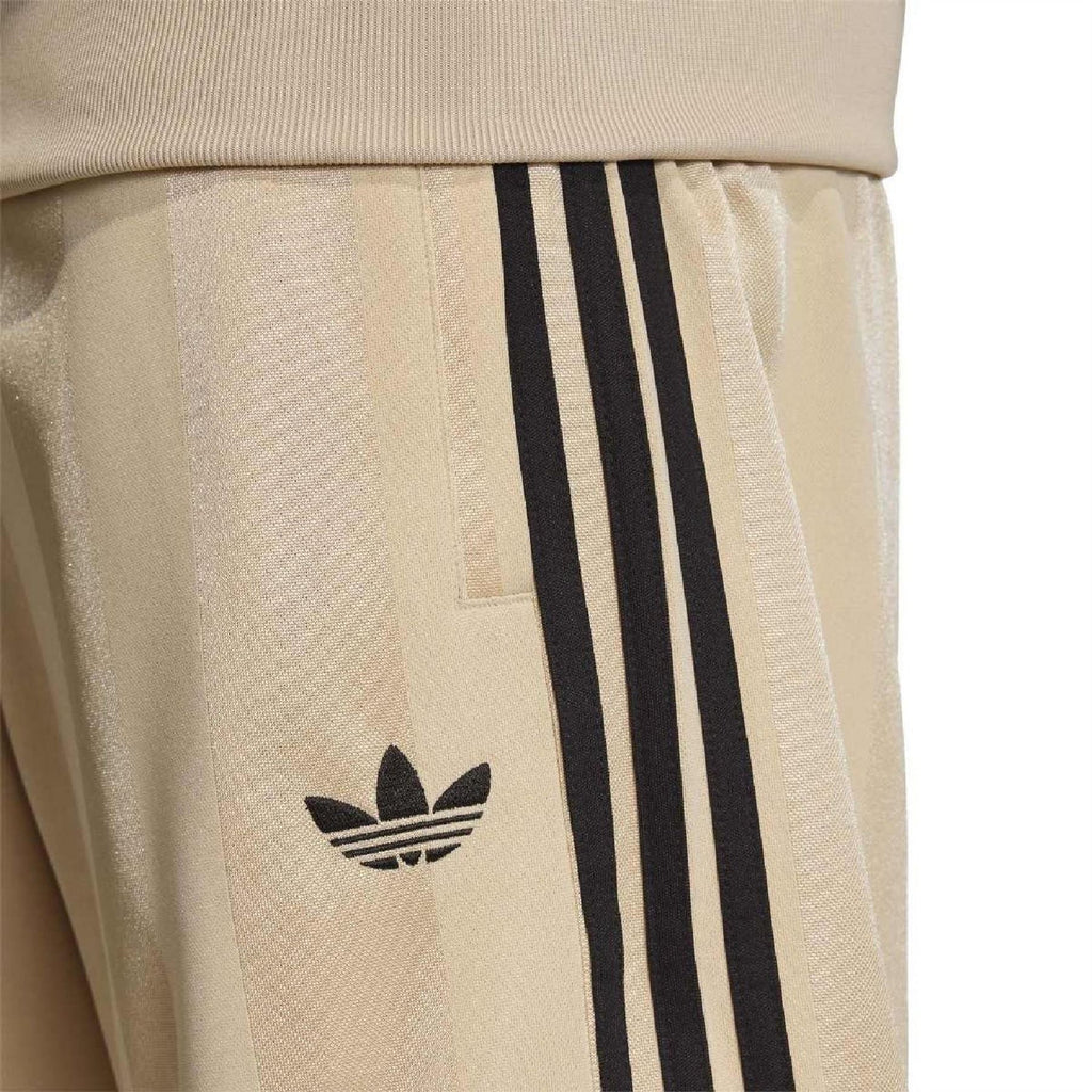 Stone khaki shorts detail with black vertical 3-stripe panel and adidas trefoil logo