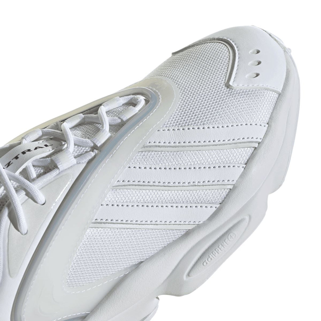 White adidas Originals Oztral trainers detail, perforated upper and three side stripe panels