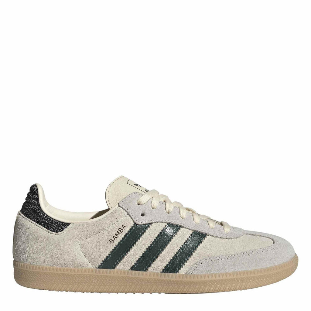 adidas Samba OG sneakers in light gray suede with green stripes and gum sole
