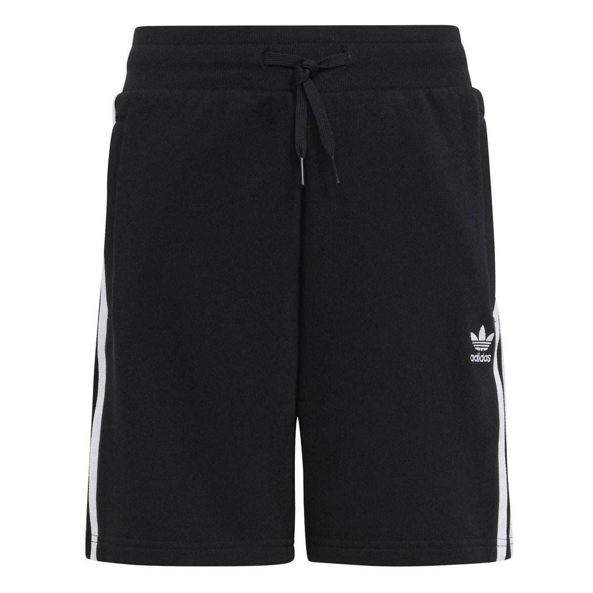 Black adidas Originals sweat shorts with drawstring and white side stripes