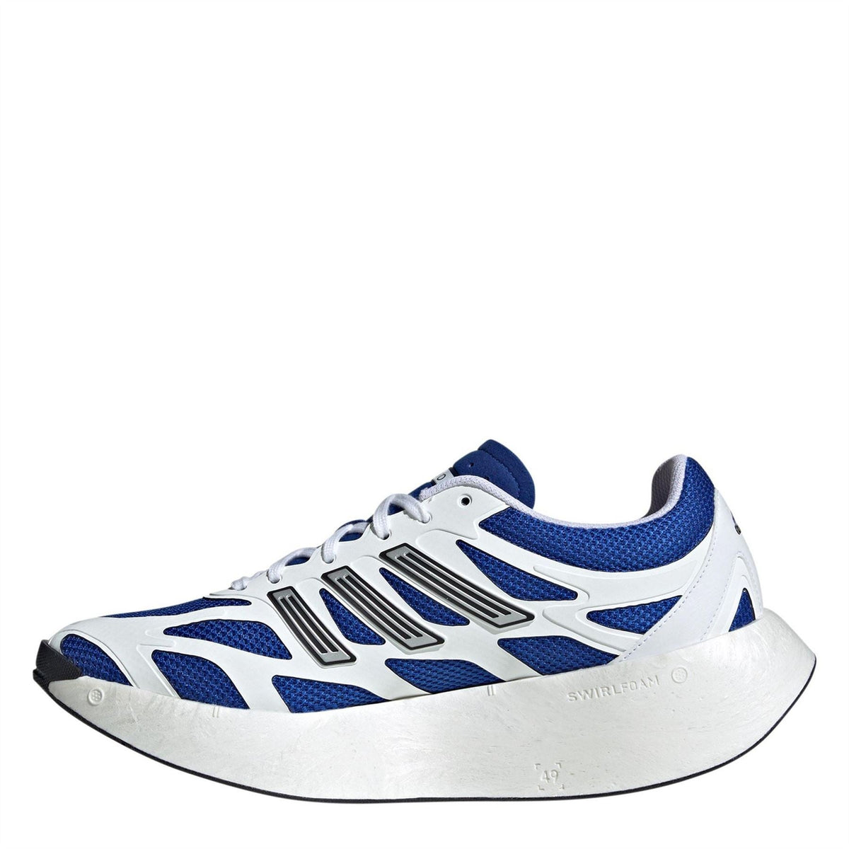 Blue and white lace-up running shoe with textured stripes and light-gray sole