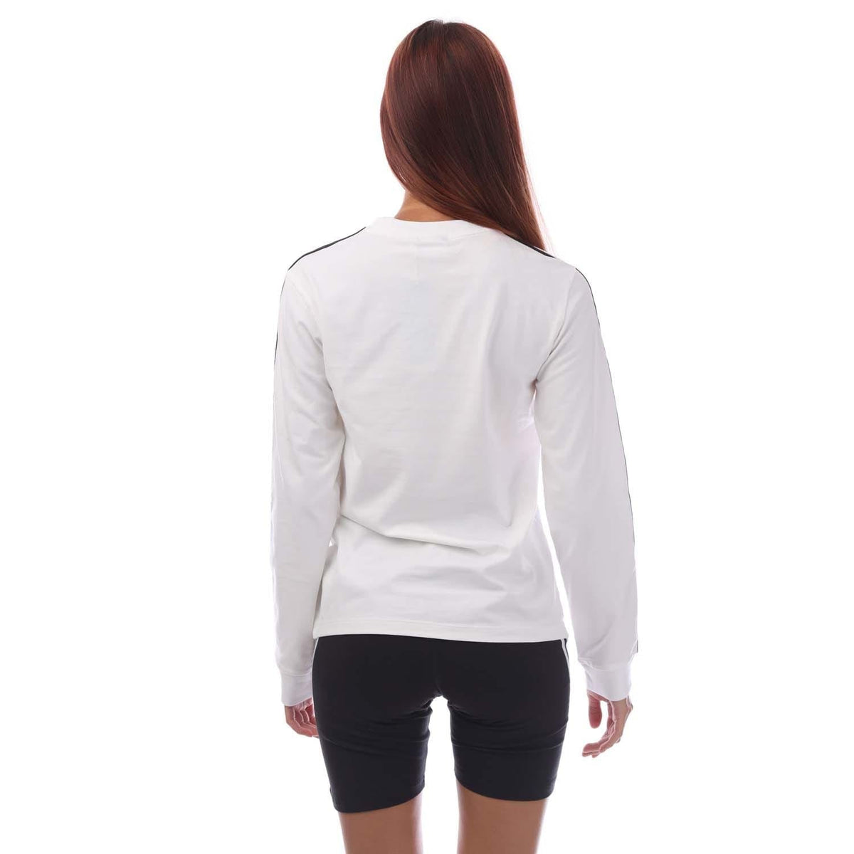 White long-sleeve top, back view, with black stripe detailing along sleeves