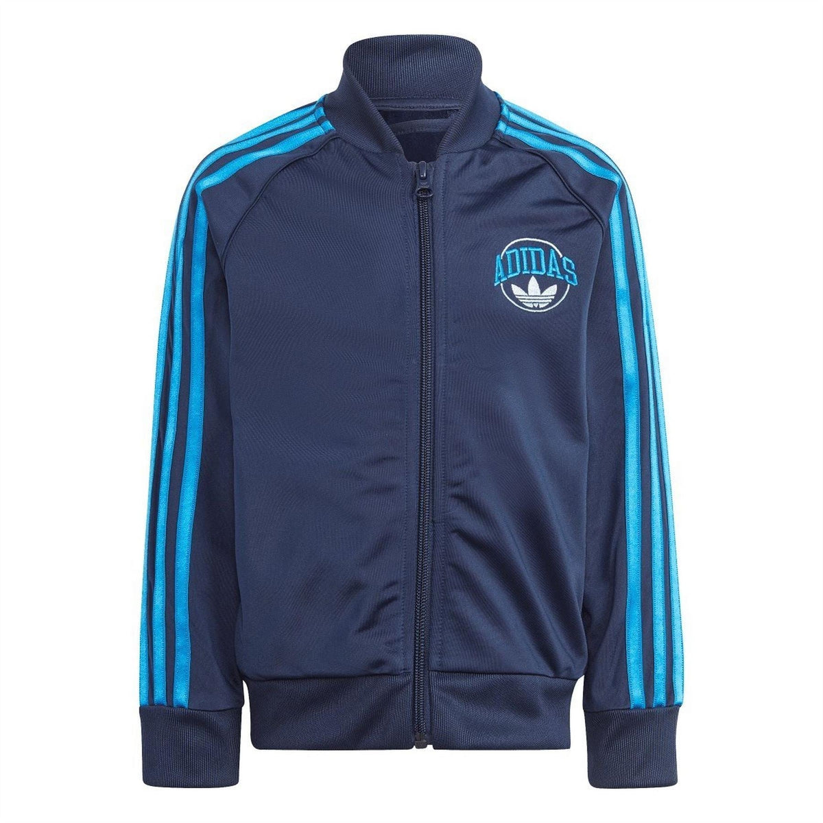 Indigo adidas zip jacket with blue side stripes and chest logo patch