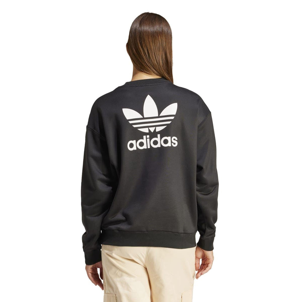 Back view of black adidas Originals crew sweatshirt with large trefoil logo