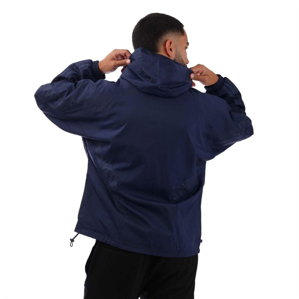adidas Originals navy hooded windbreaker jacket, back view with hem drawcords