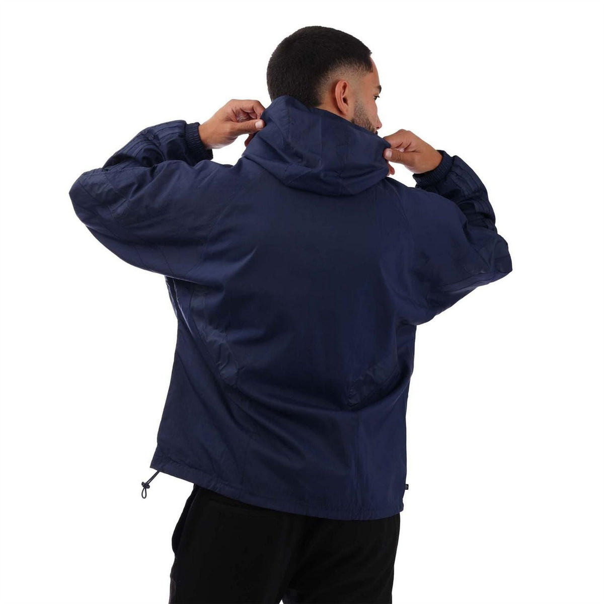 adidas Originals navy hooded windbreaker jacket, back view with hem drawcords