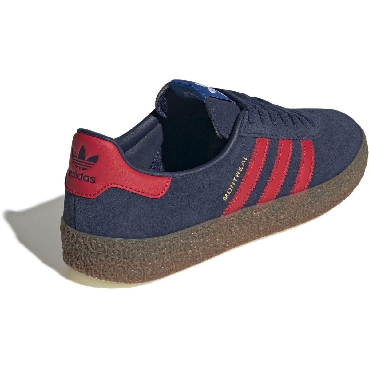 adidas Originals Montreal RM low-top sneakers, heel view, navy suede with red side panel
