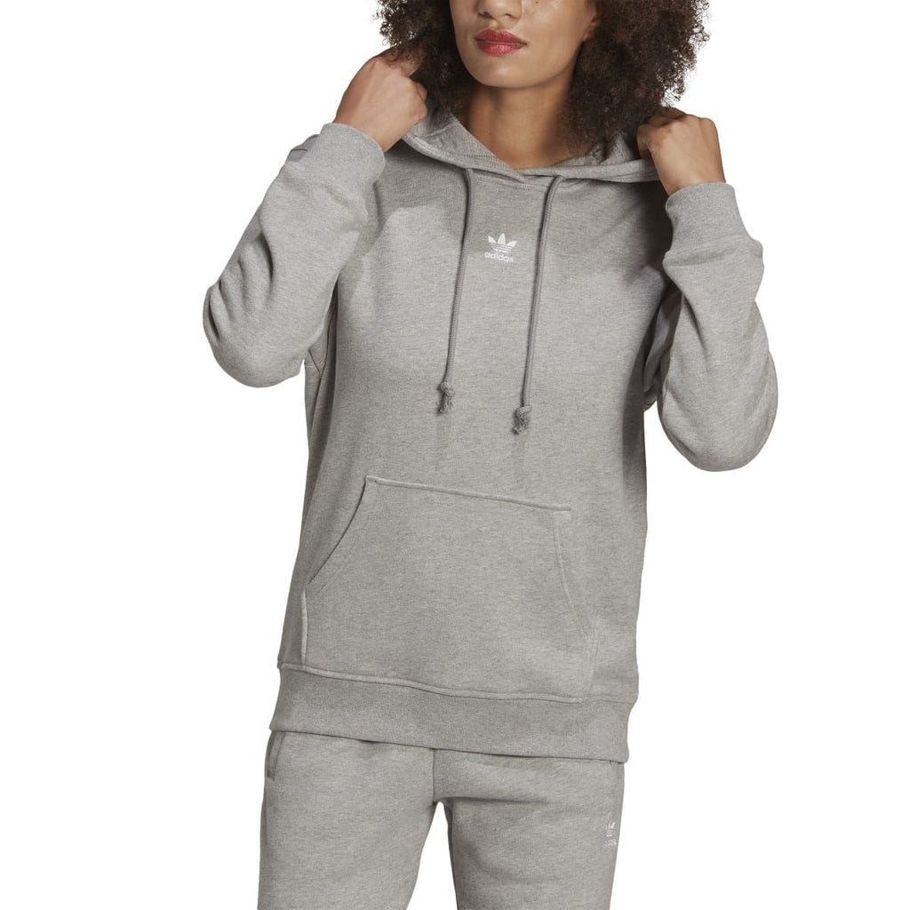 Grey heather hoodie with drawstring hood, front kangaroo pocket, and logo chest