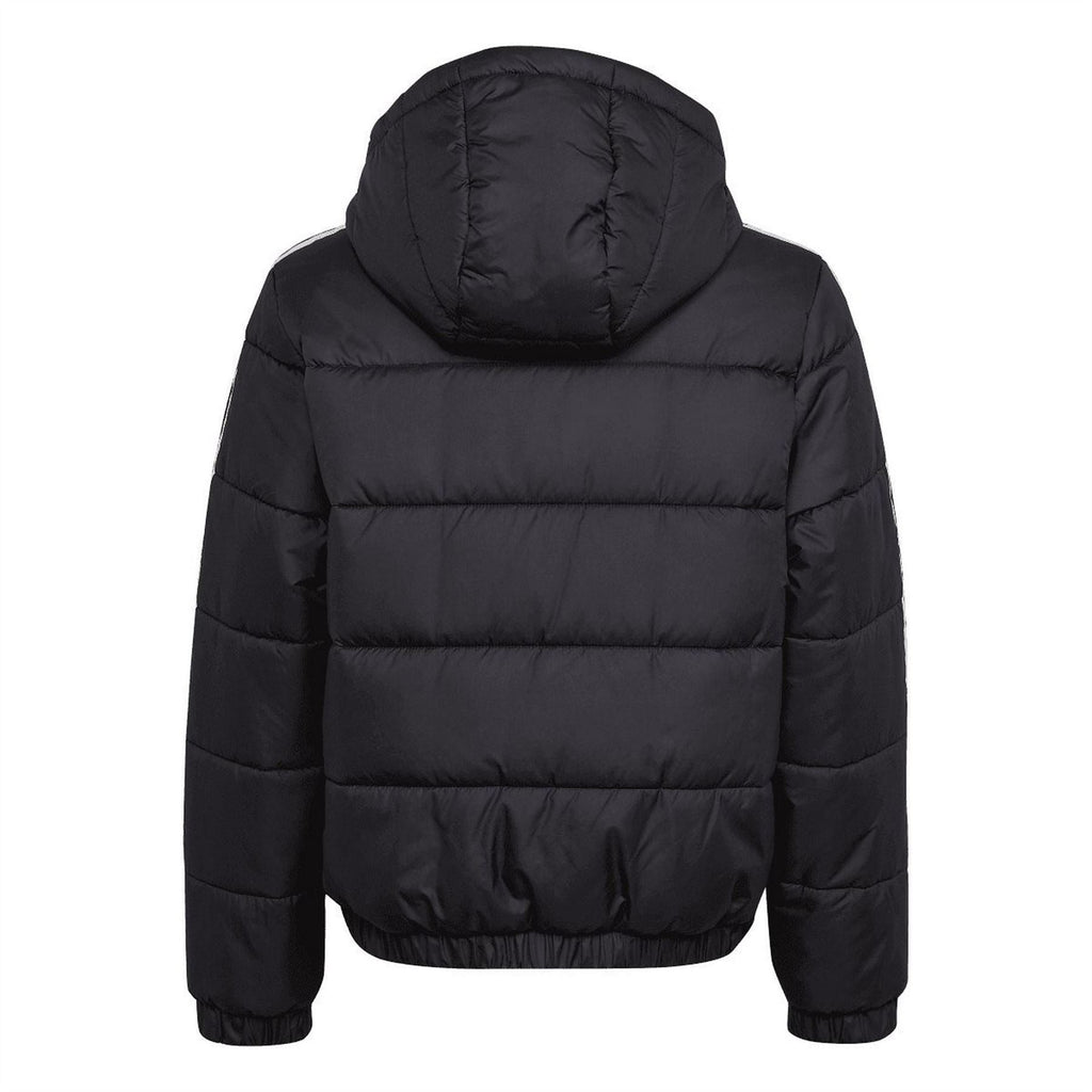 Black junior padded hooded jacket, full-zip front and quilted stitch panels.