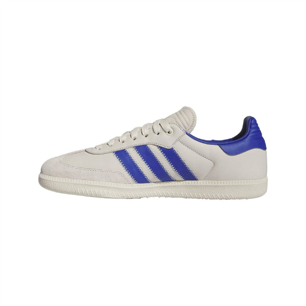White and blue adidas Originals Samba trainers, lace-up side profile with blue heel