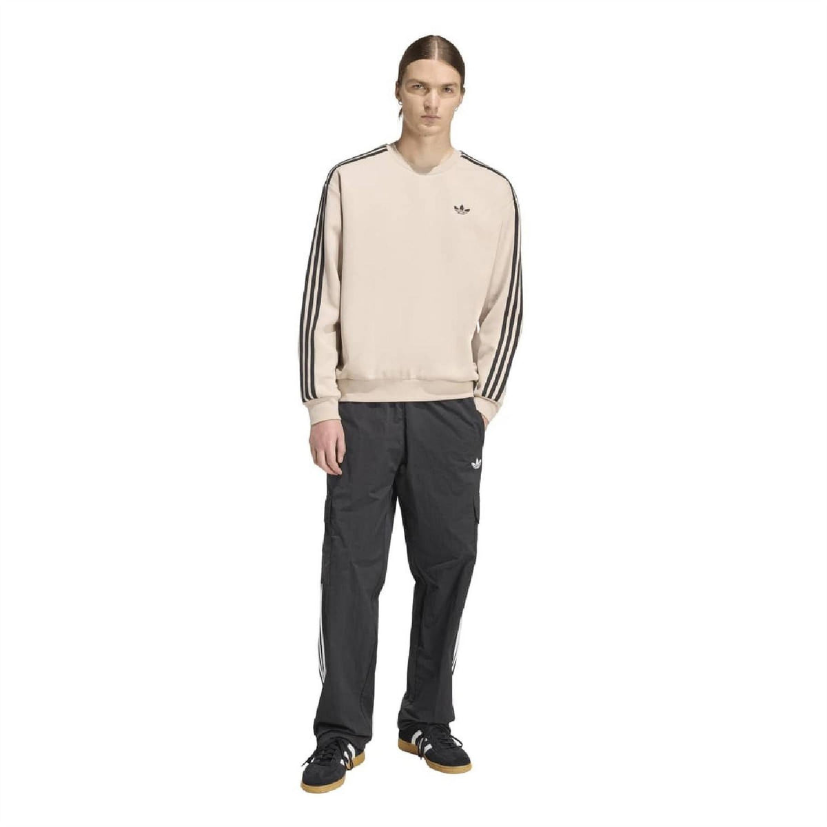 adidas stone khaki oversized sweatshirt with crew neck and black 3-stripe sleeves
