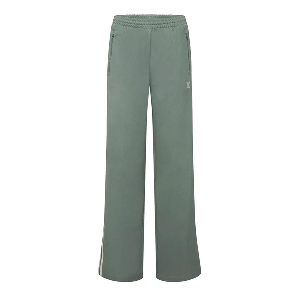 Green adidas track pants with elastic waistband and side stripe, trefoil logo