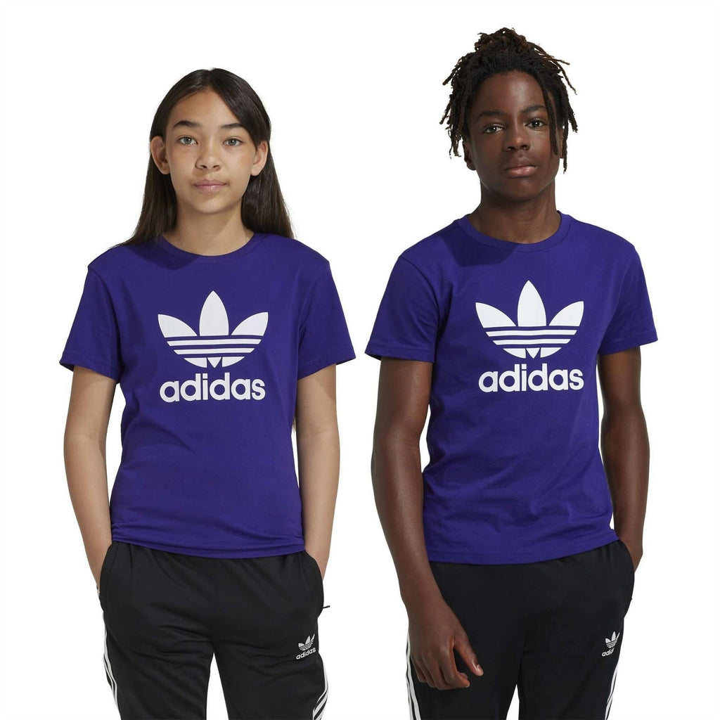 Purple kids short-sleeve T-shirt with white adidas trefoil logo and crew neck