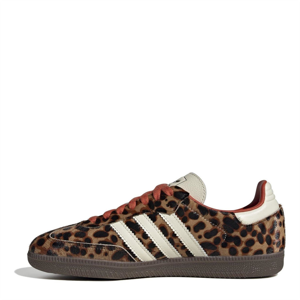 Leopard adidas Samba sneakers, side view with white three stripes and dark textured sole