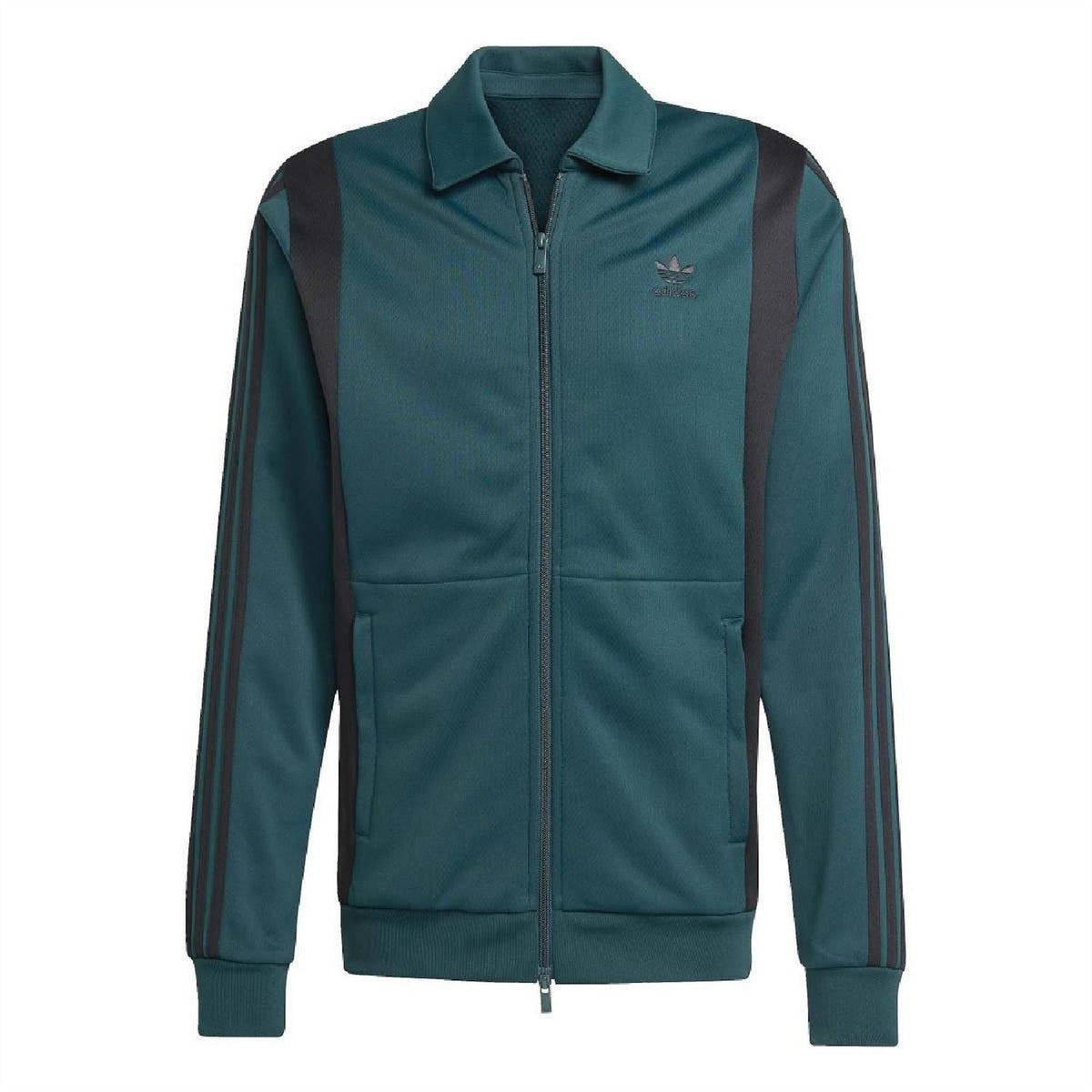 adidas Originals teal zip-up track jacket with stand collar and striped sleeves