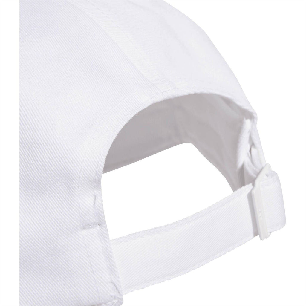 White baseball cap adjustable strap on back with buckle