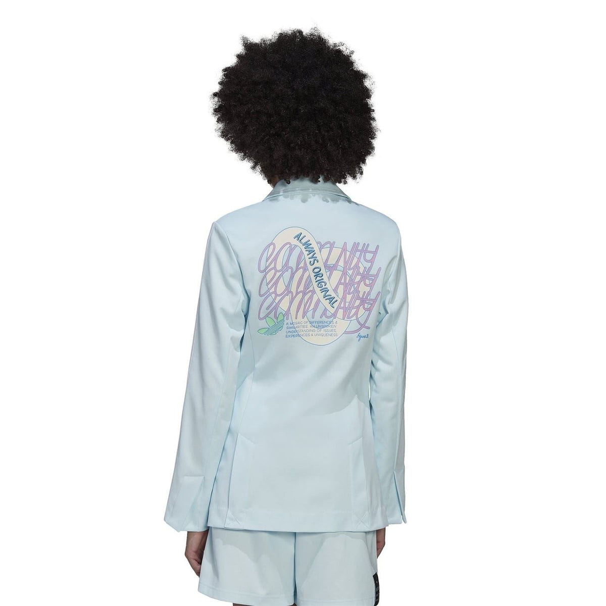 Light blue blazer jacket, back view, graphic logo print across shoulders