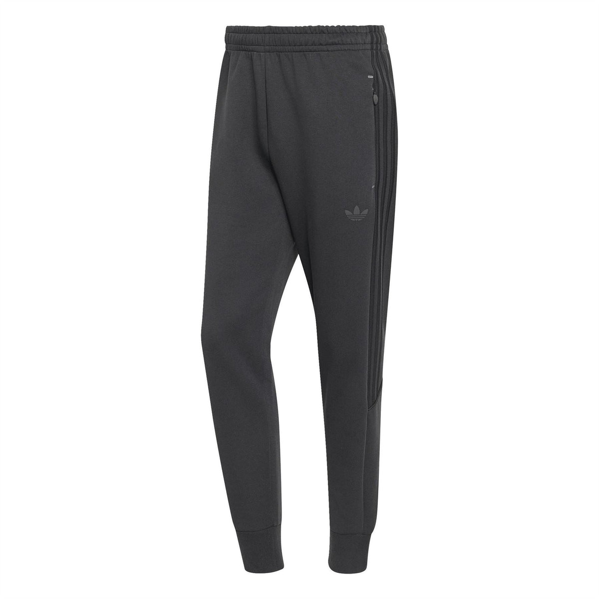 Black track pants with ribbed cuffs and three-stripe side panels, adidas trefoil logo