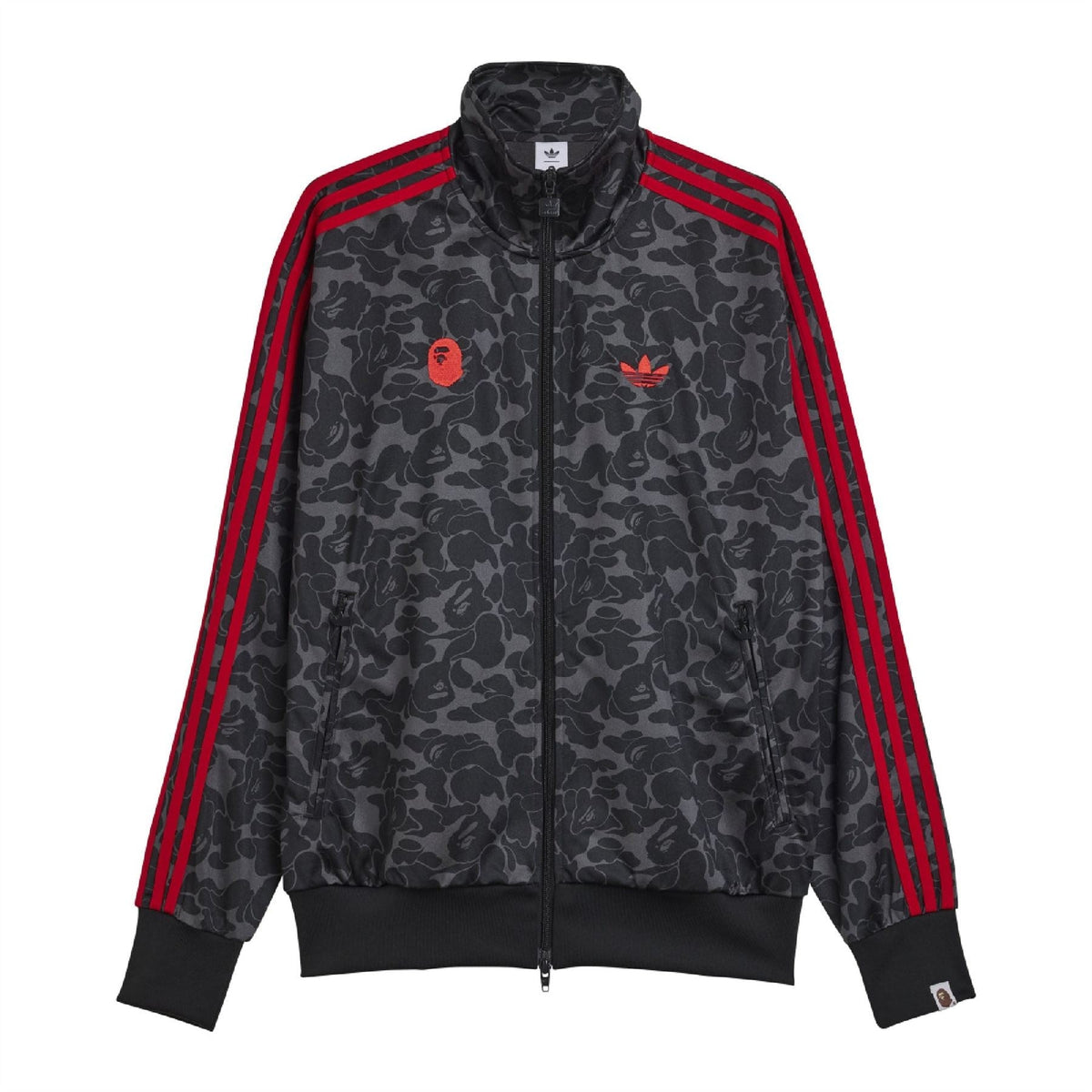 Black camo track jacket with red zip, stand collar, and side stripes