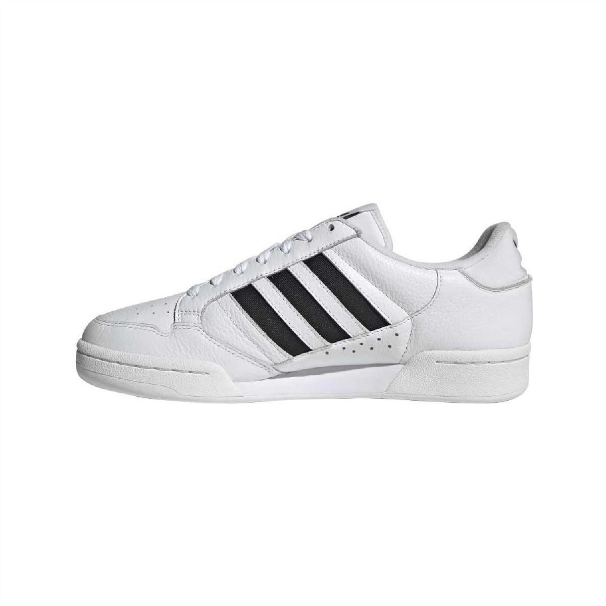 White adidas low-top trainers with black three stripes, leather-look upper, lace-up