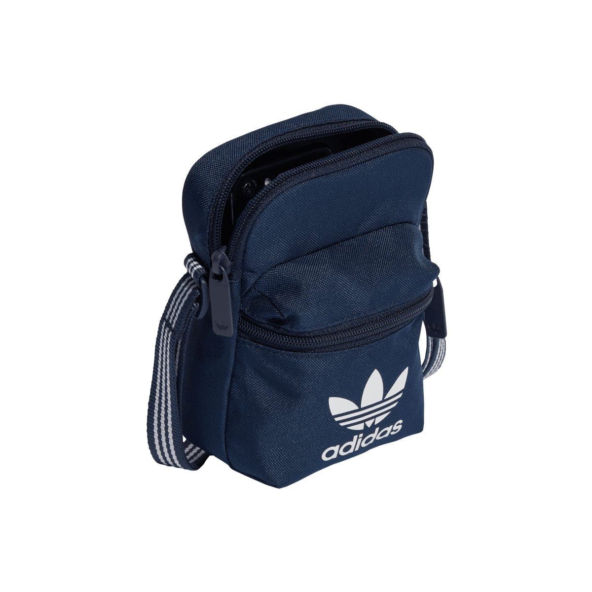 Navy mini crossbody bag with adidas trefoil logo and front zip compartment
