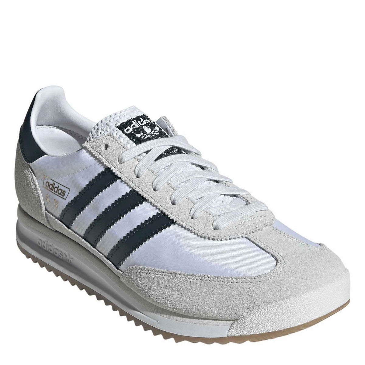 White and gray adidas SL 72 low-top sneakers with black stripes and lace-up