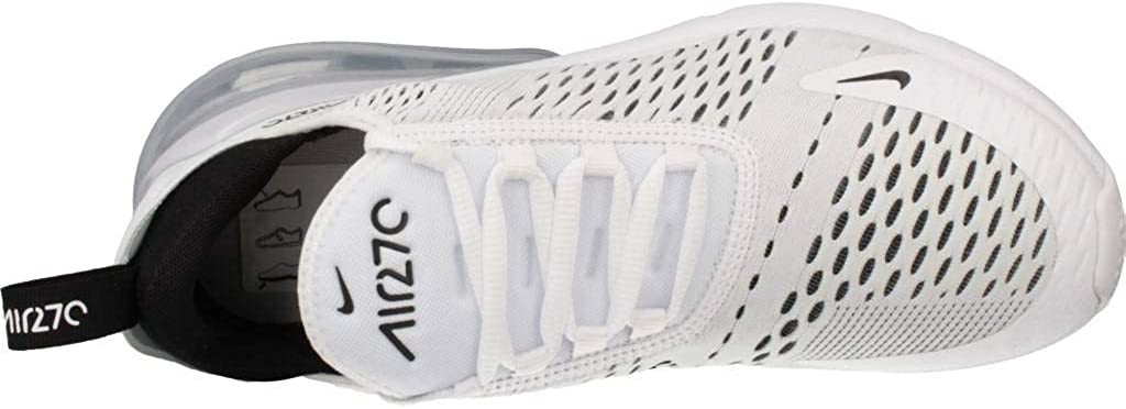 Women's Nike Air Max 270 sneakers, inside heel and lace area, white knit with black lining