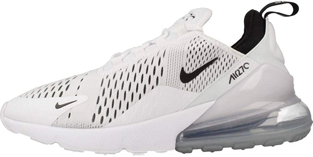 Women's Nike Air Max 270 sneakers, white mesh upper with black Swoosh and Max Air heel unit
